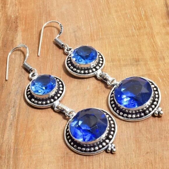 Blue Topaz Handmade Drop Dangle Earrings Jewelry 2.4" - Picture 1 of 1